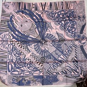 NEW HERMES KAWA ORA 90CM 100% SILK TWILL SCARF ROSE/MARINE PINK AND BLUE